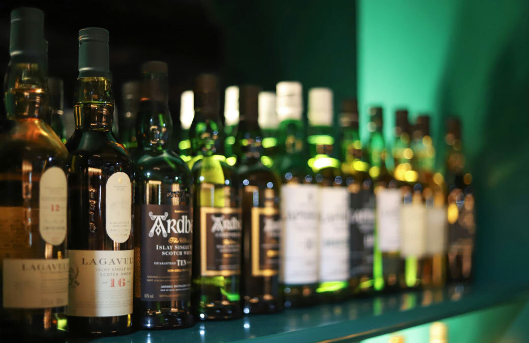 Wine bottles on liquor store shelves