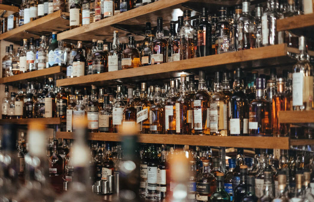 Bottles on liquor store shelves