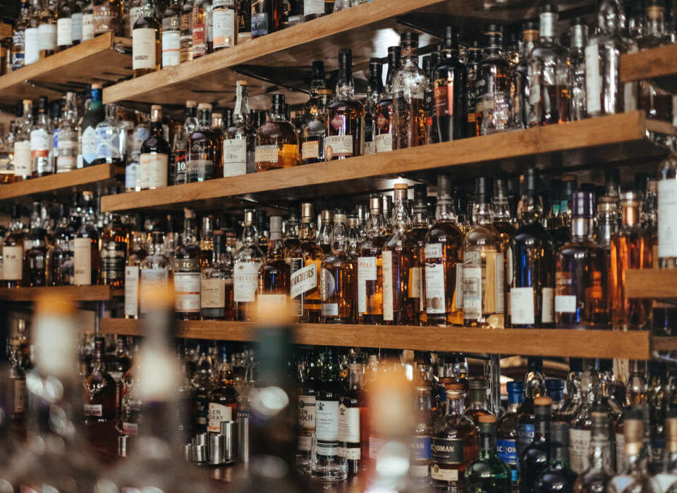 Bottles on liquor store shelves