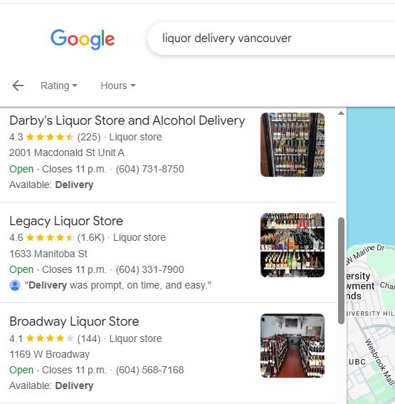 Google search results for 'liquor delivery Vancouver'