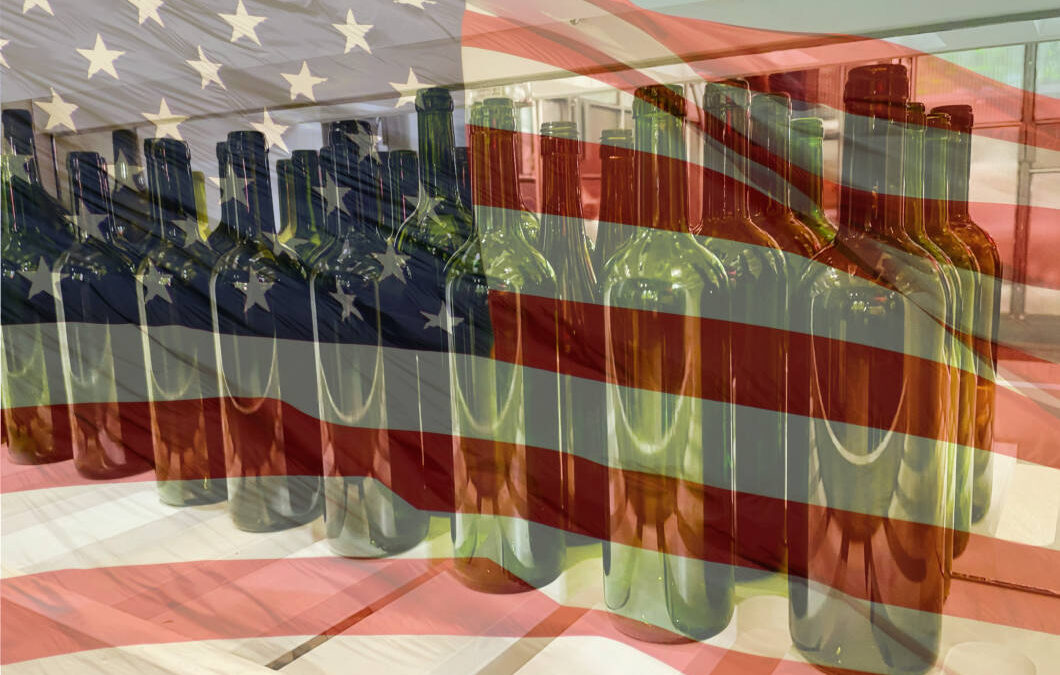 Liquor bottles and U.S. flag
