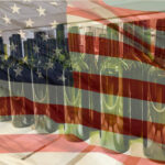 Liquor bottles and U.S. flag