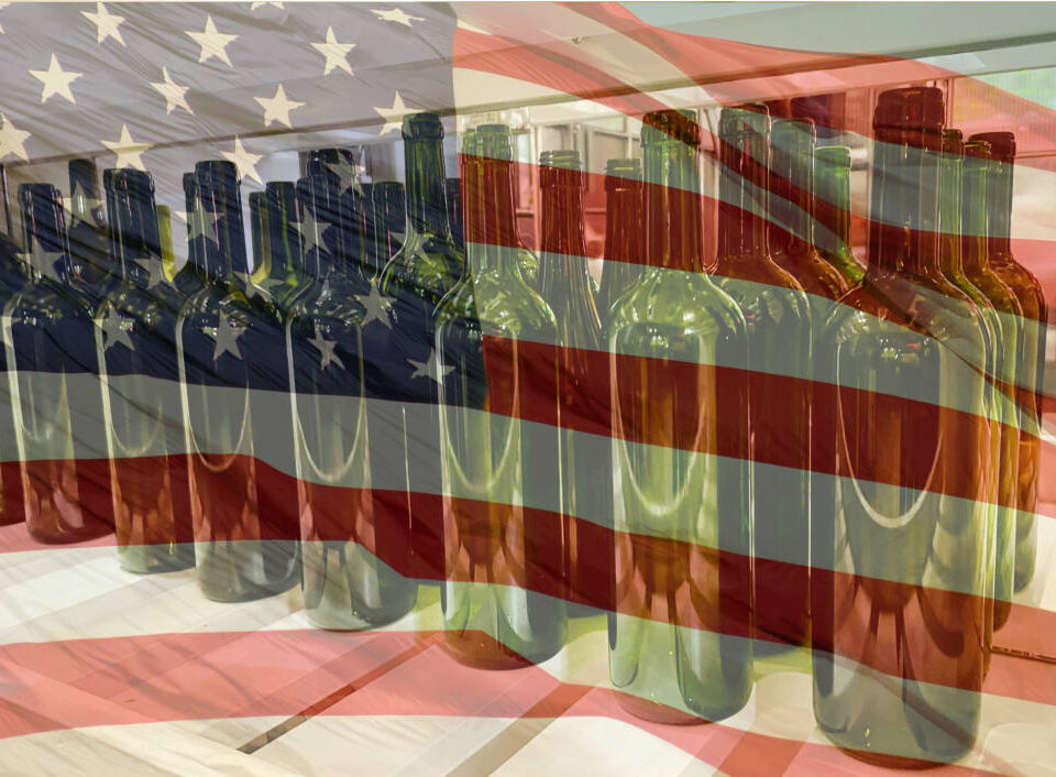 Liquor bottles and U.S. flag