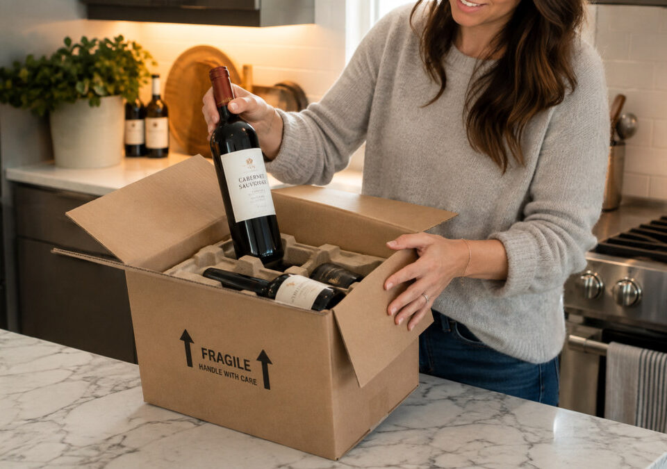 A person unpacking a box of wine ordered from another province under the DTC liquor sales agreement