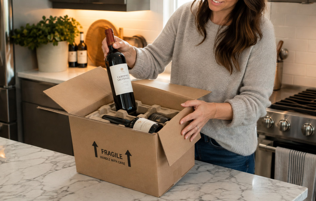 A person unpacking a box of wine ordered from another province under the DTC liquor sales agreement